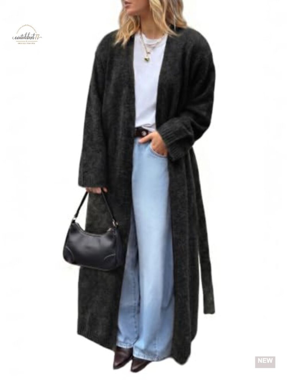 Oversized Long Cardigan Sweater Open Front Belted Knit Women's